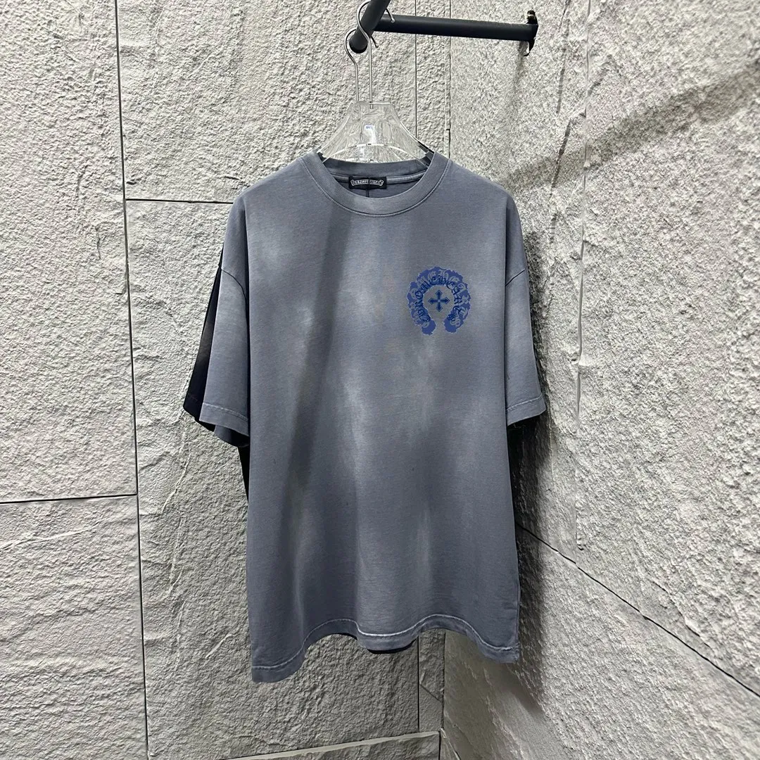 🅿️190 CH Crow Heart 2025 Summer New Style Heavy pickling with gradient distressing Chest logo Horseshoe print Customized fabric Short-sleeved T-shirt Unisex Size: S M L